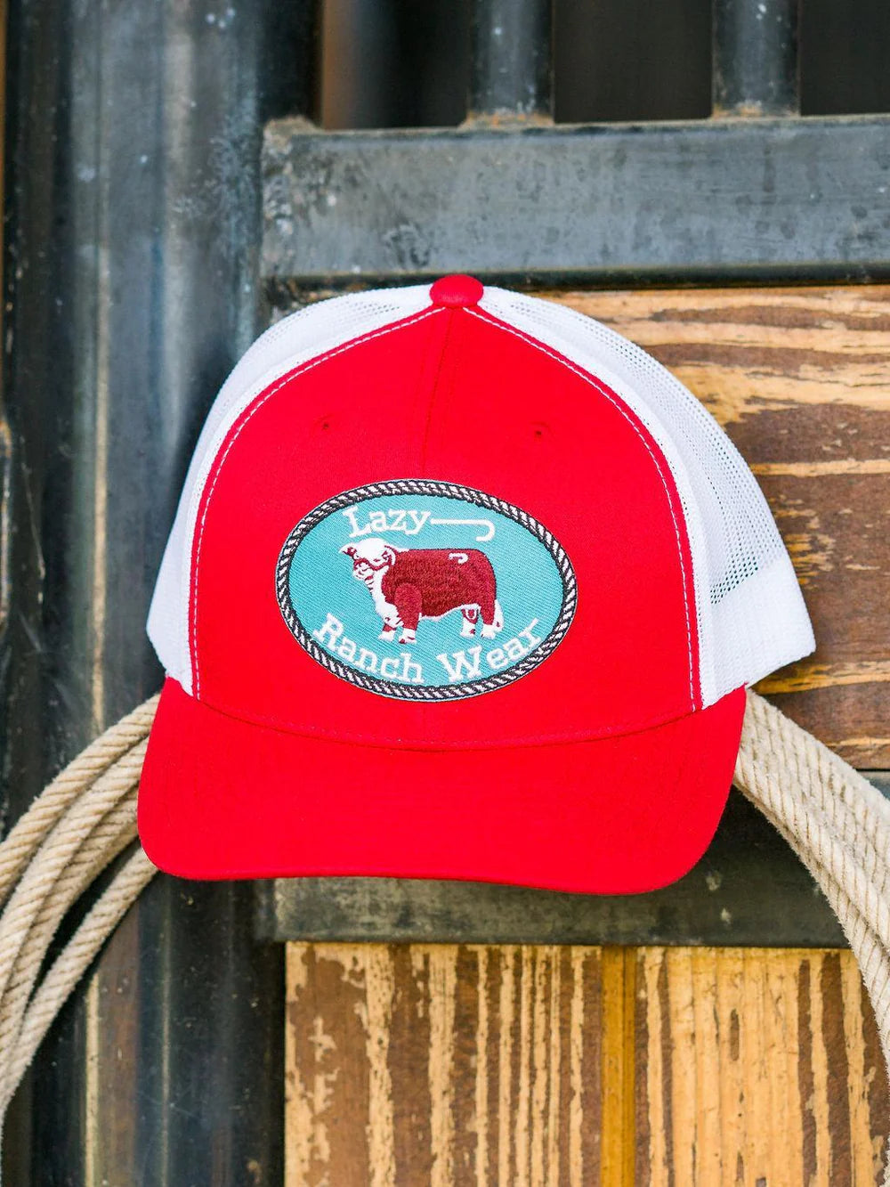 Lazy J Ranch Red & White Original Buckle Mid Profile Trucker Hat