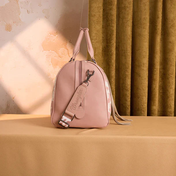 Wrangler Cow Print Fringe Weekender Bag- Blush