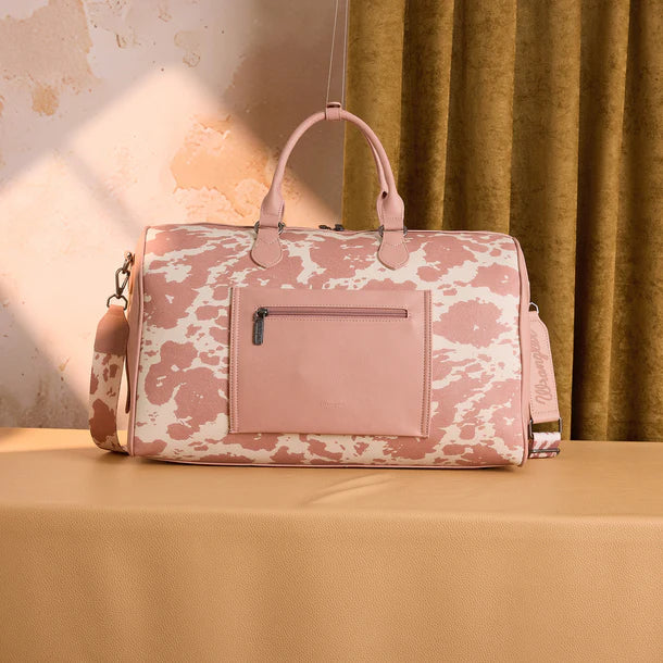 Wrangler Cow Print Fringe Weekender Bag- Blush