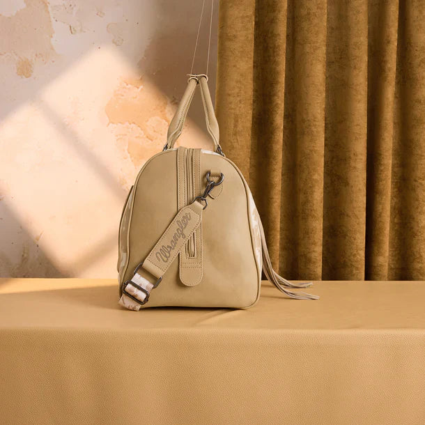 Wrangler Cow Print Fringe Weekender Bag- Cream