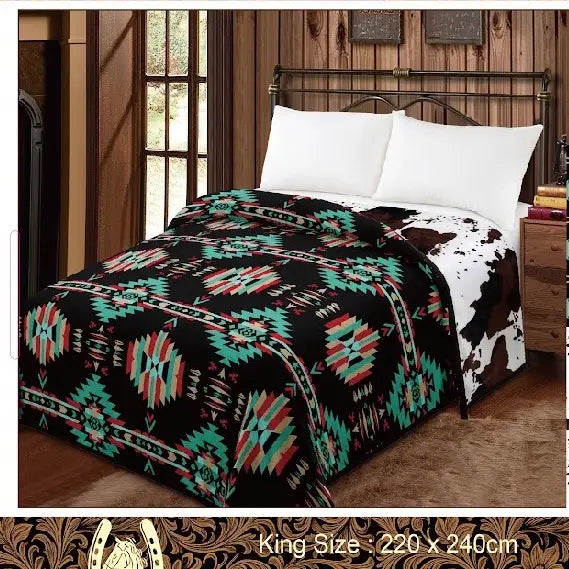 Reversible King Mia Blanket - Black Aztec/ Cowprint