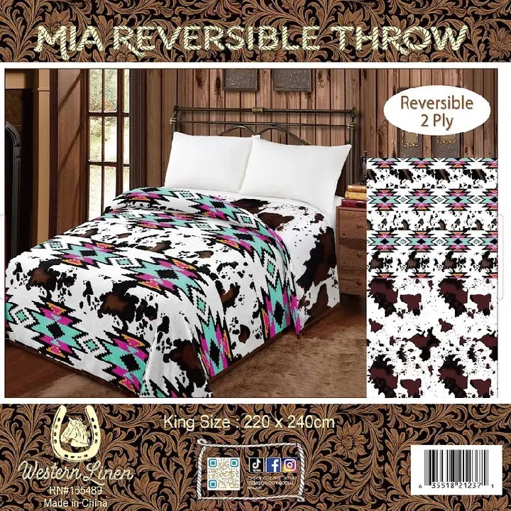 Reversible King Mia Blanket - Pink Aztec/Cowprint