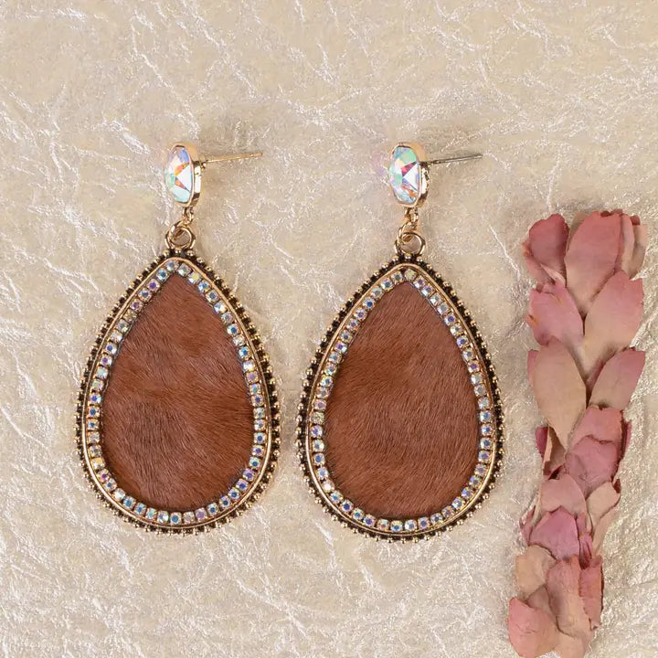 Rhinestone Cowhide Teardrop Earring