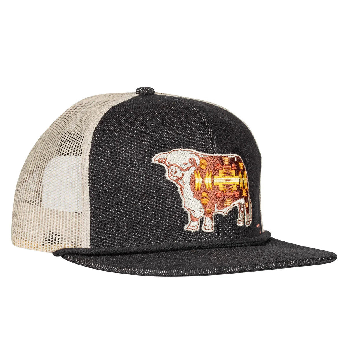 Lazy J Ranch Denim & White Apache Hereford Bull Classic Rope Trucker Hat