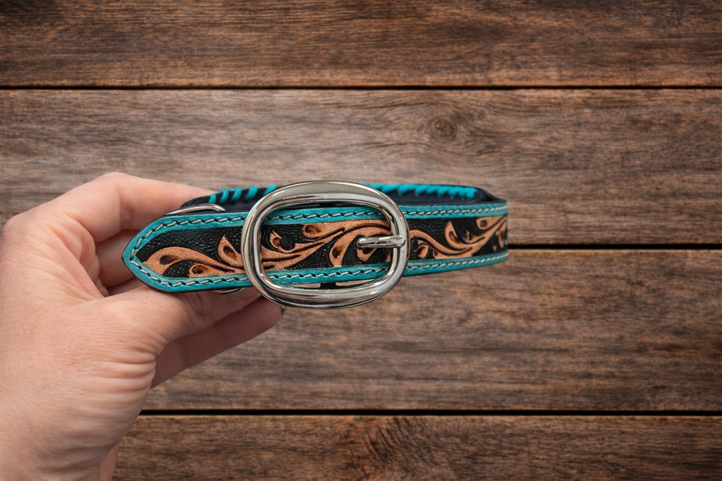 Myra Turquoise Tooled Leather Dog Collar
