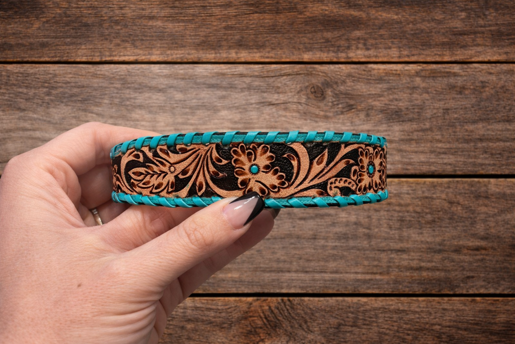Myra Turquoise Tooled Leather Dog Collar