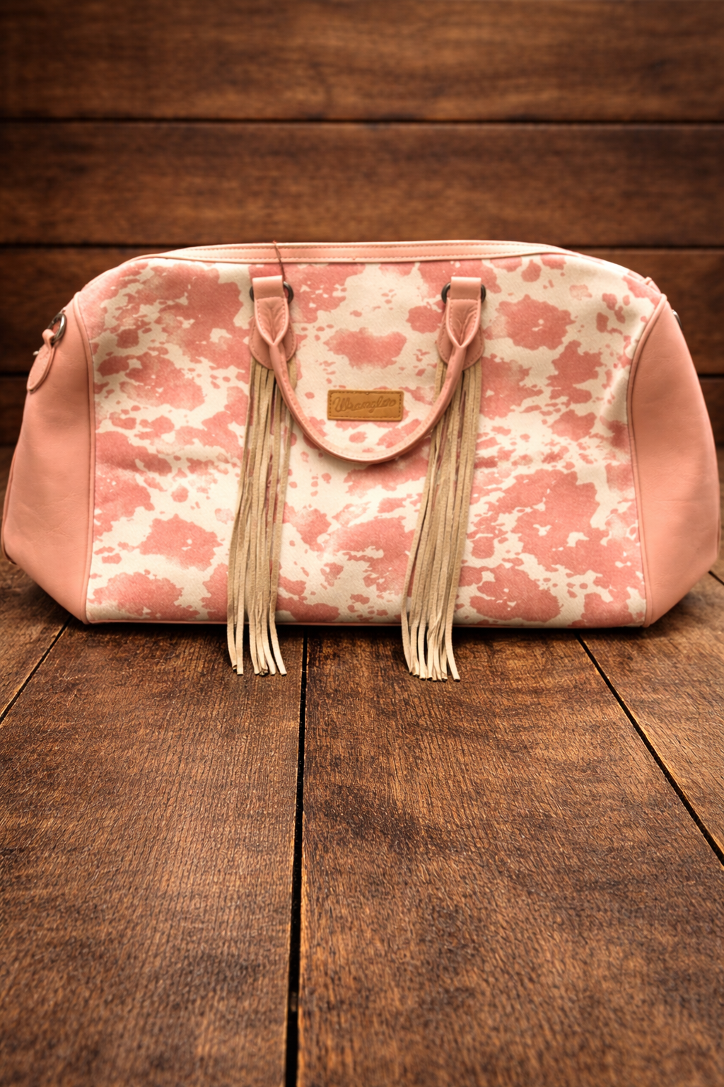 Wrangler Cow Print Fringe Weekender Bag- Blush