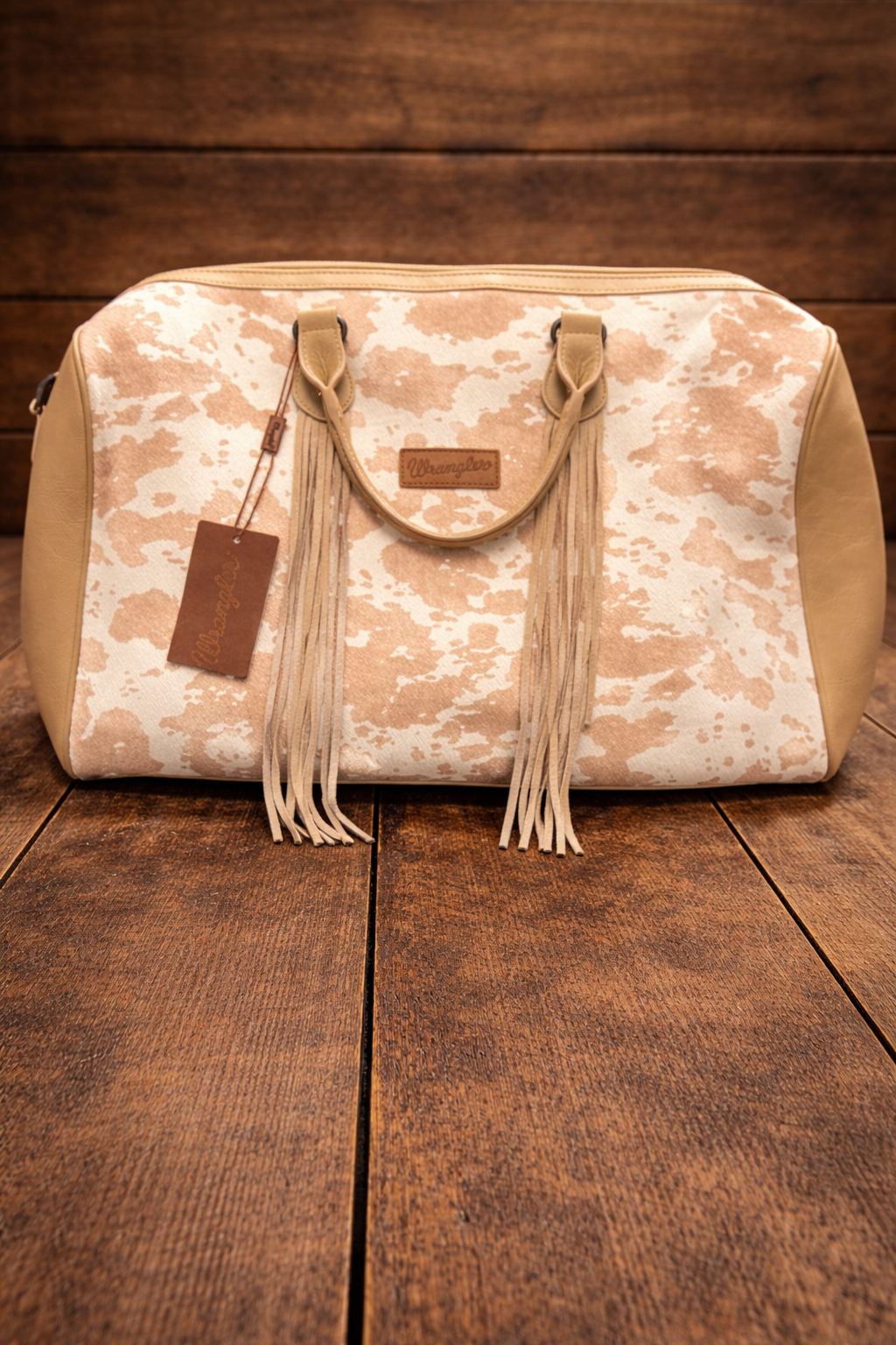 Wrangler Cow Print Fringe Weekender Bag- Cream