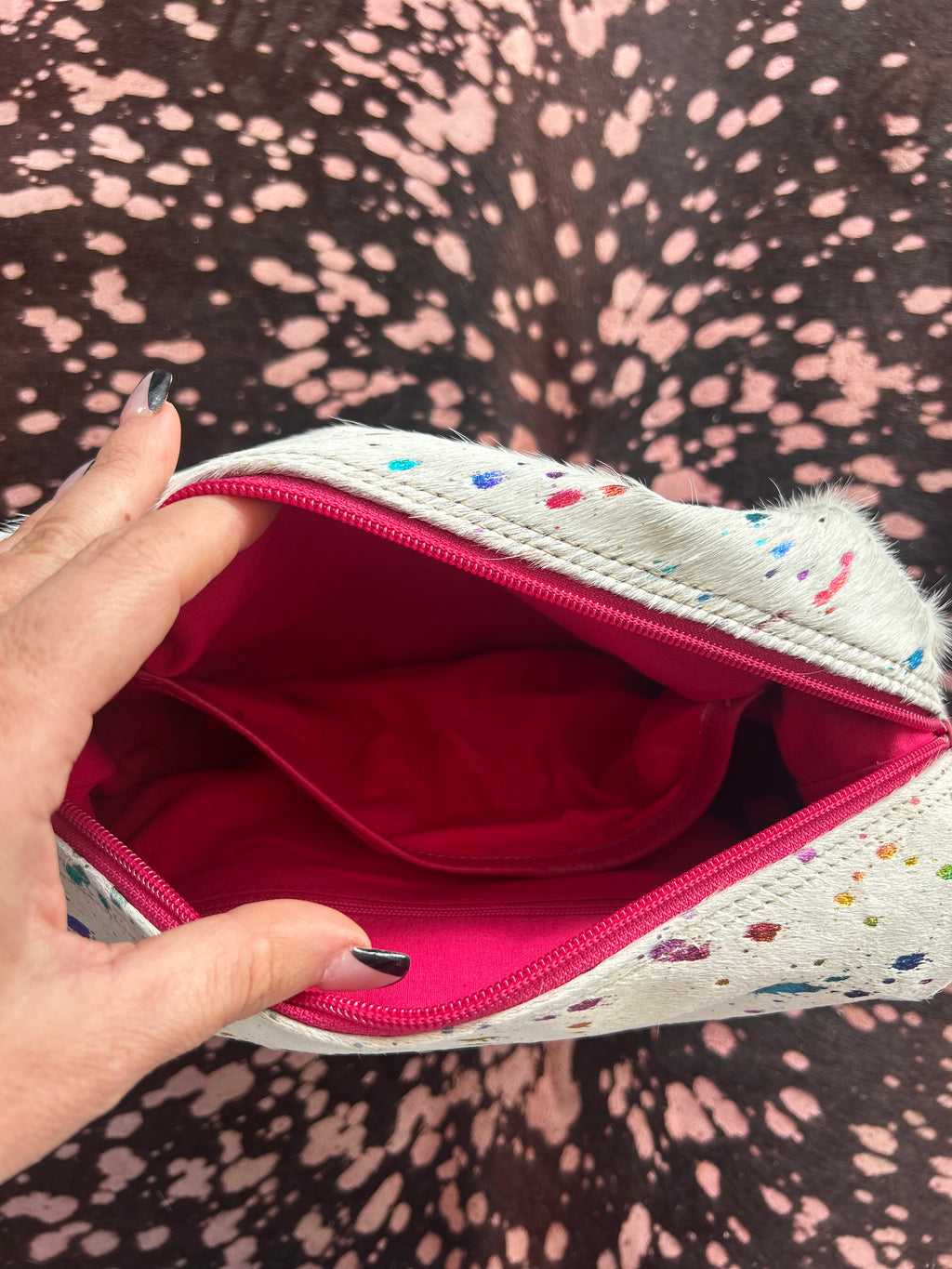 Myra Acid Wash Cowhide Cactus Confetti Cosmetic Bag