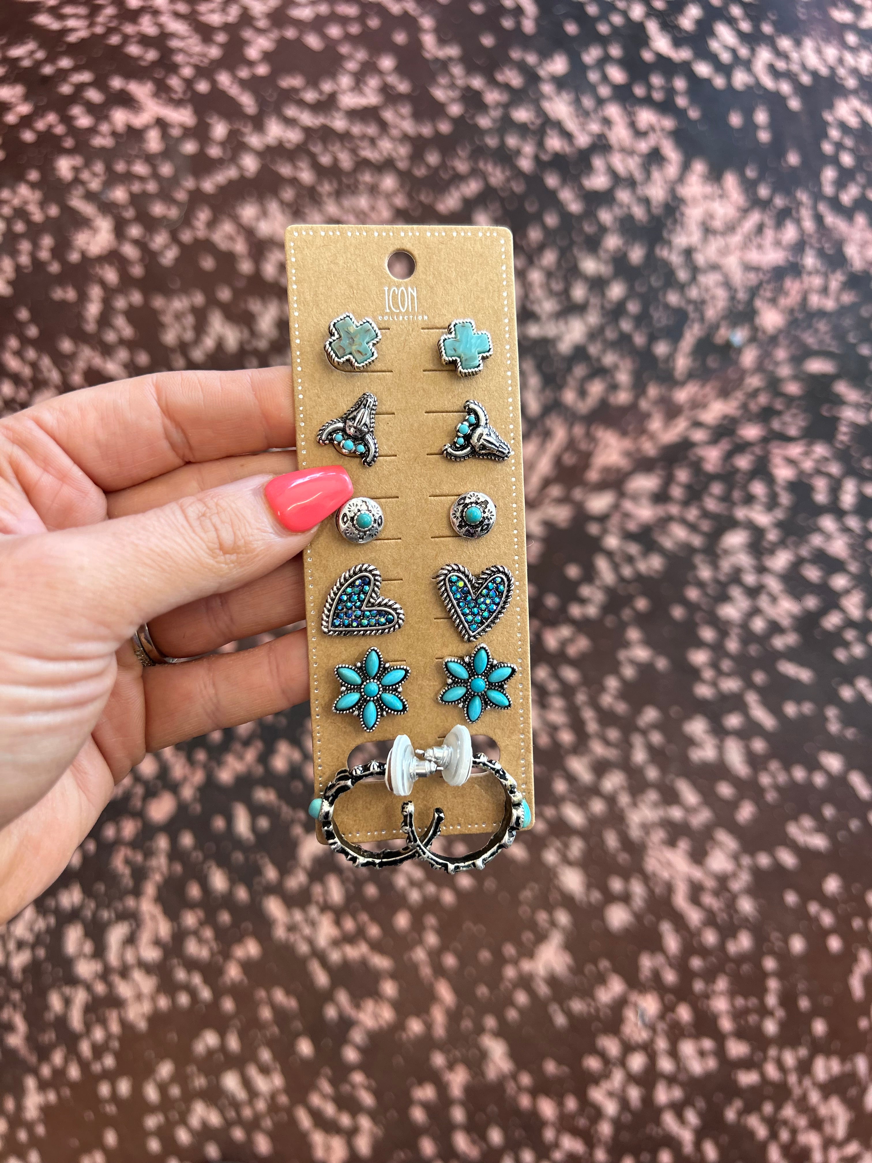 6 Pair Western Stud Earring Set