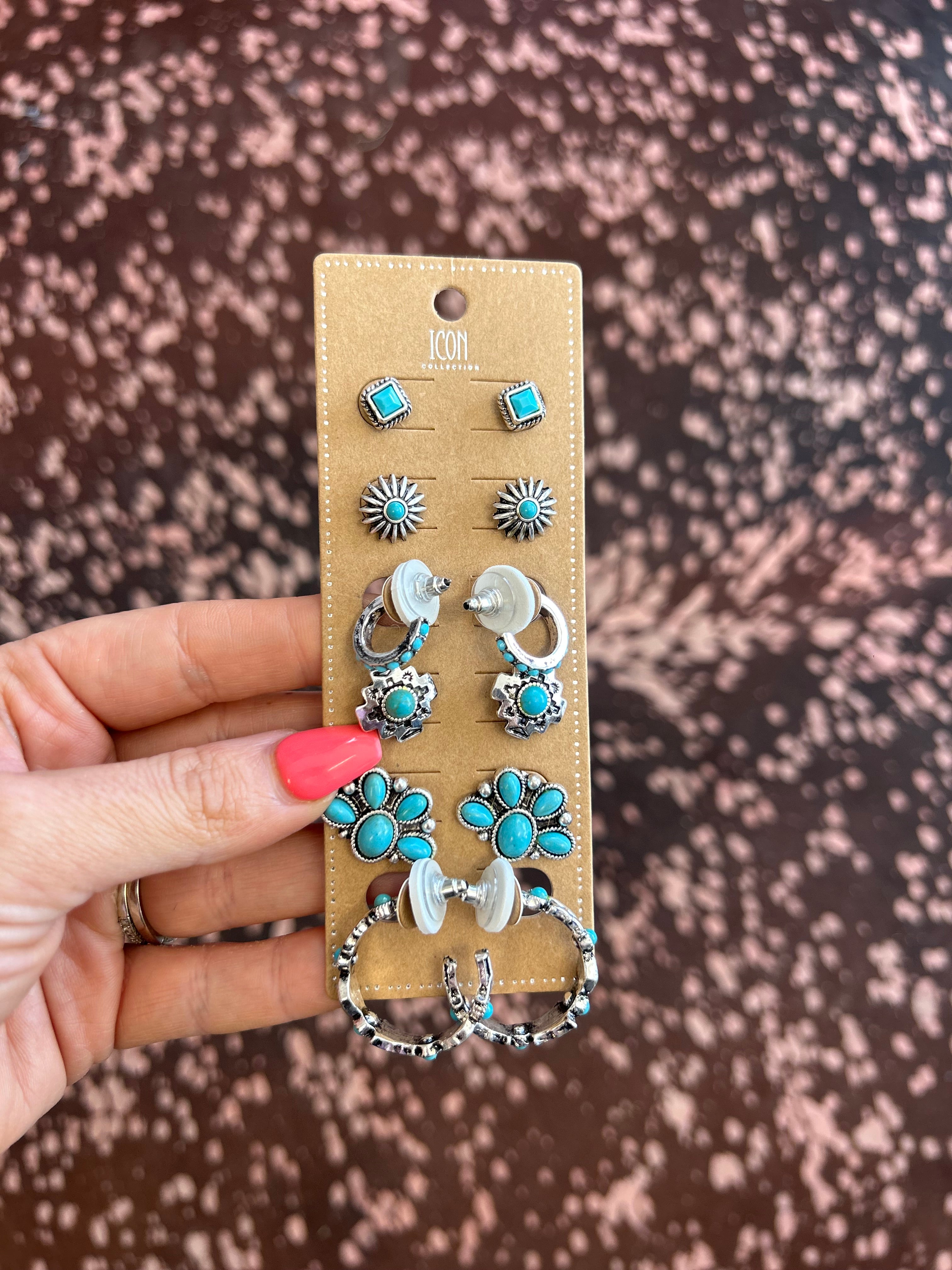 6 Pair Western Stud Earring Set