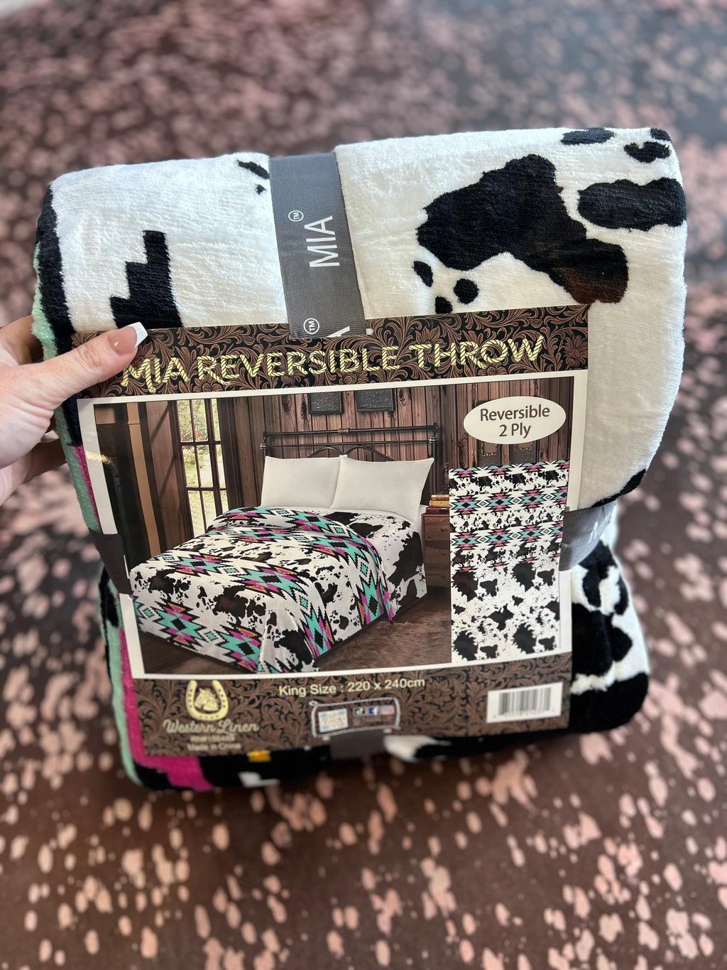 Reversible King Mia Blanket - Pink Aztec/Cowprint