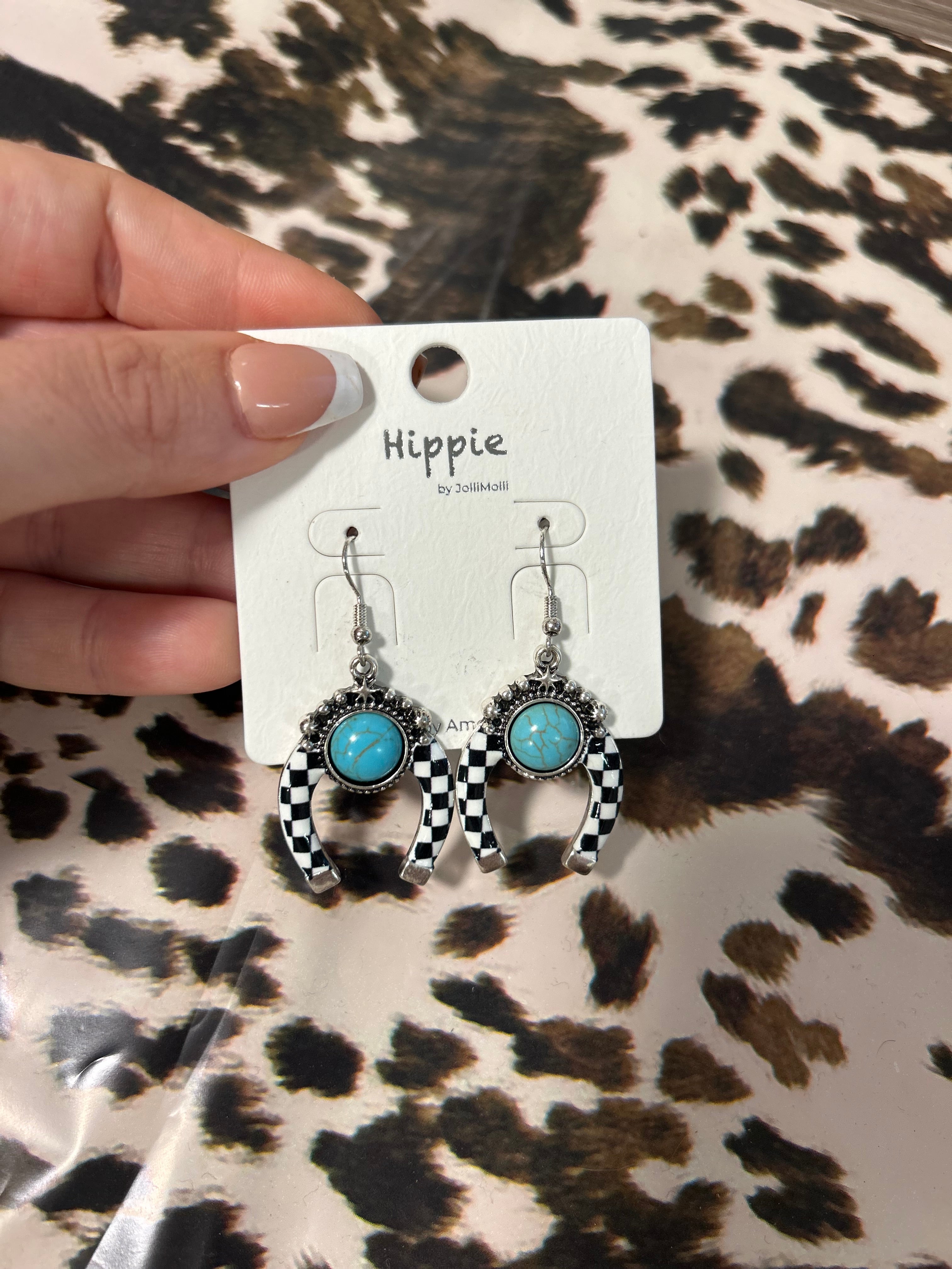 Checkered Horseshoe Dangle Earrings