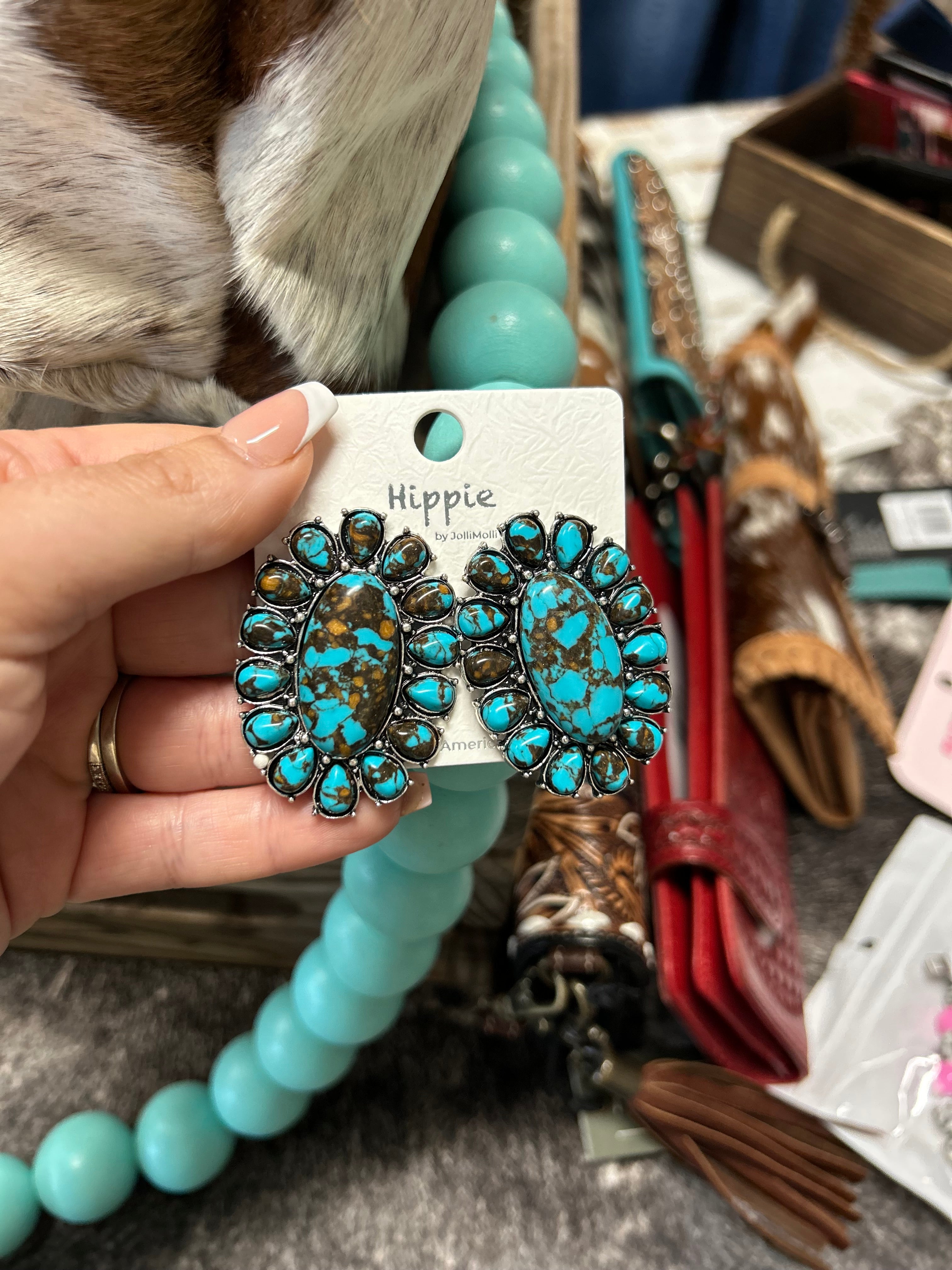 Western Concho Stone Stud Earrings