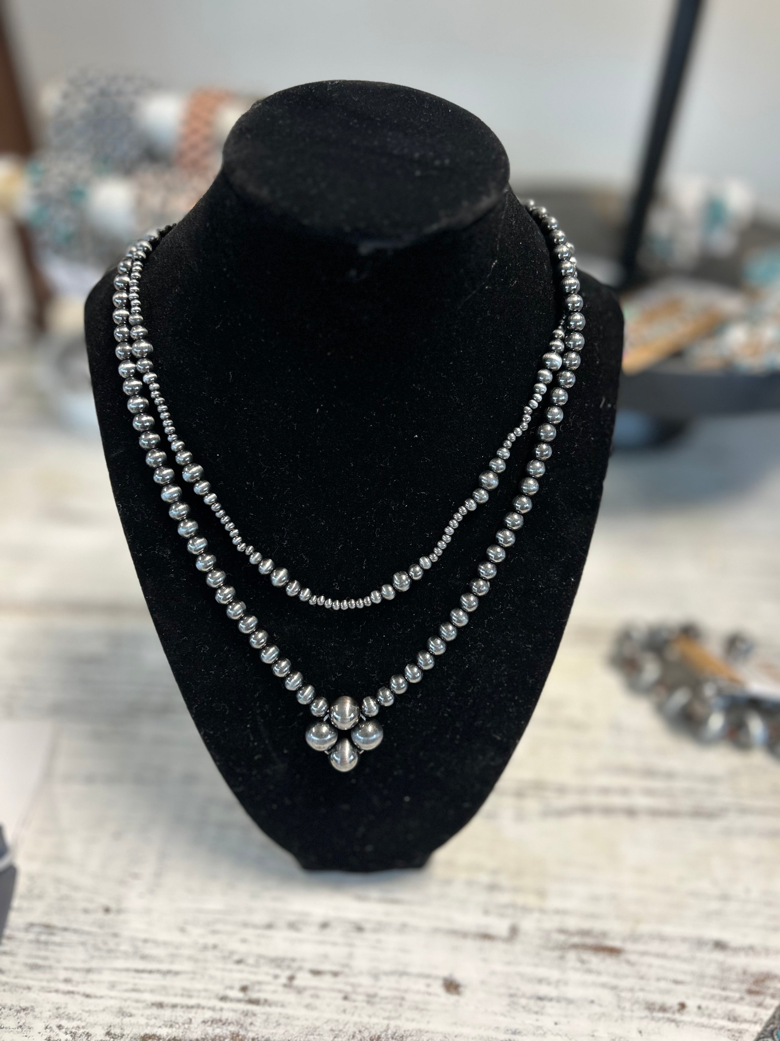 Navajo Style Pearl Flower 2 Layered Necklace