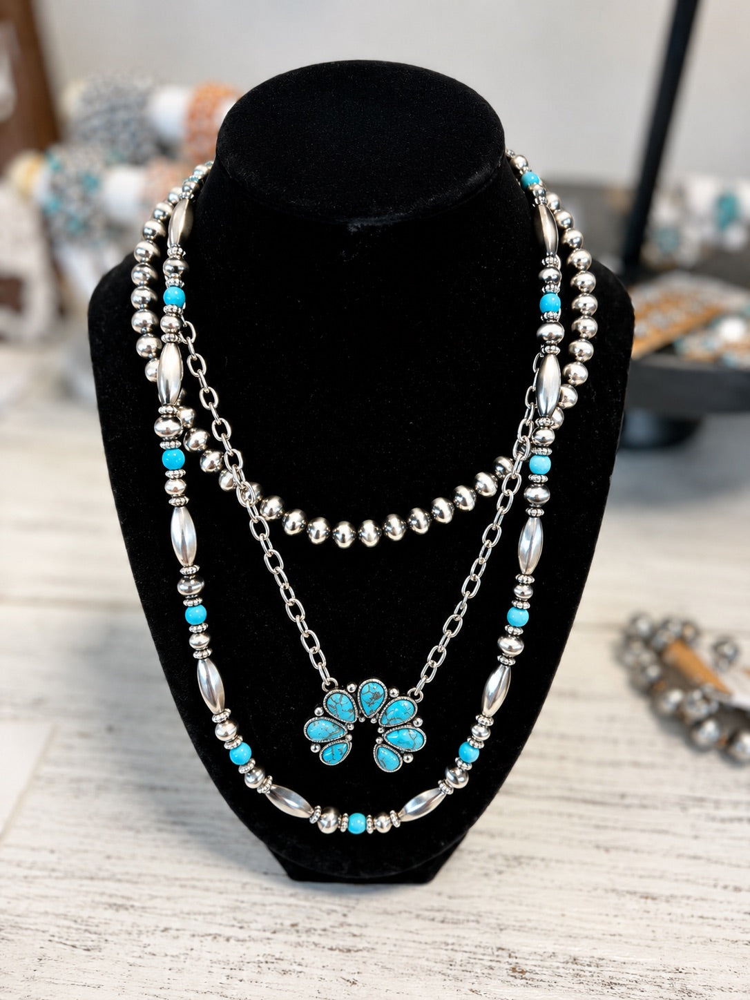 3 Layered Western Squash Blossom Stone Necklace