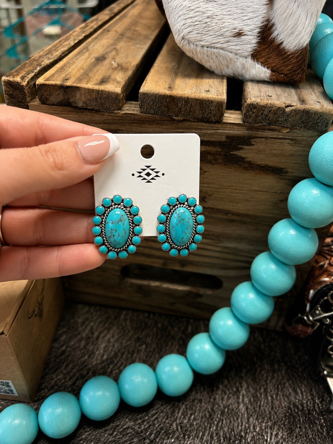 Oval Concho Stone Stud Earrings