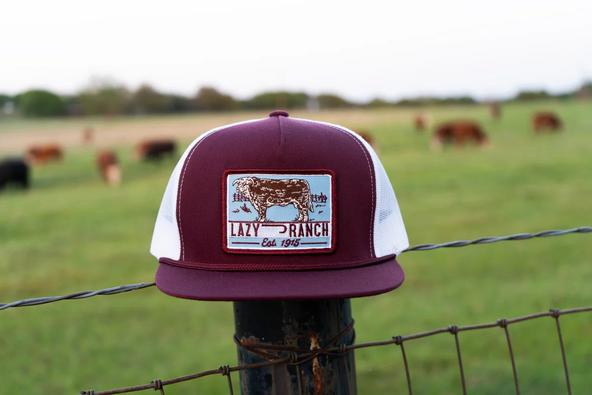 Lazy J Ranch Maroon & White Blue Bull Trap Classic Five Panel Trucker Hat