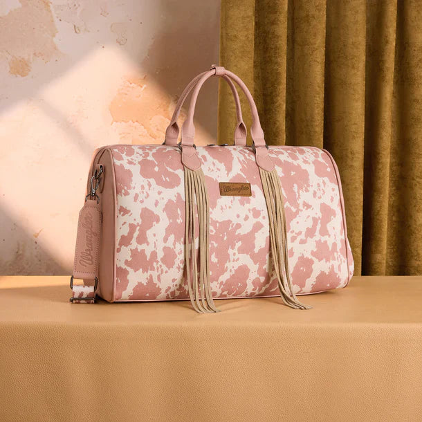 Wrangler Cow Print Fringe Weekender Bag- Blush