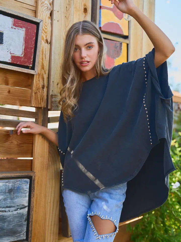Studded & Washed High Low Tee